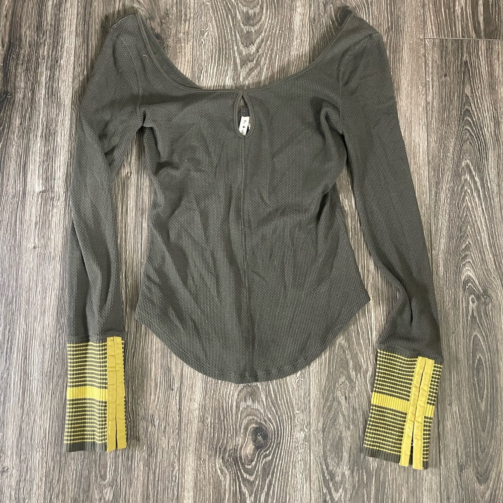 We The Free Olive Long Sleeve Top with Yellow Cuffs